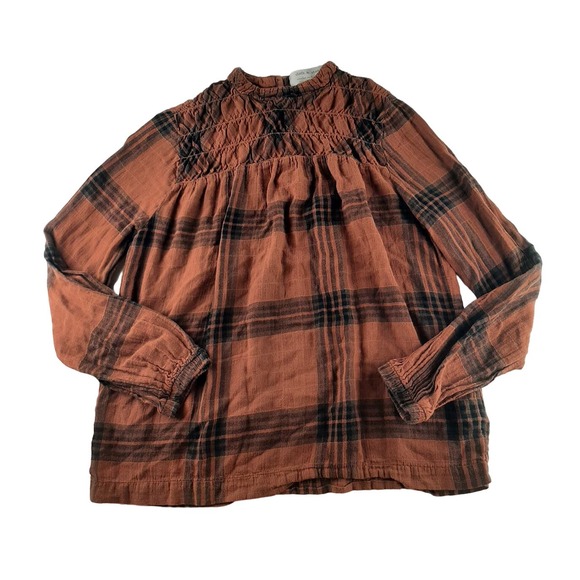 Cloth & Stone Anthropologie Women's Orange Black Plaid Smocked Flannel Top S - Picture 1 of 9